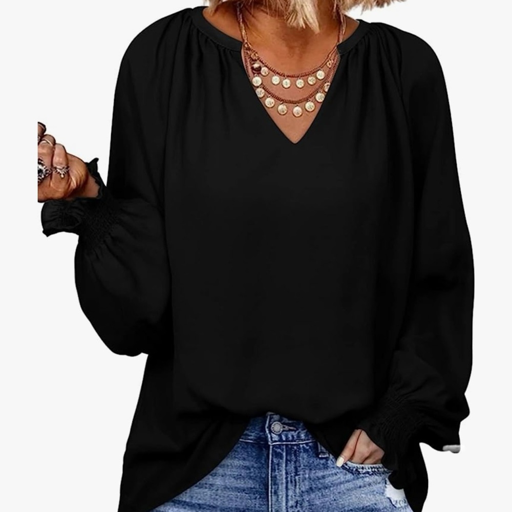 Womens Smocked Long Sleeve V Neck Casual Chiffon top